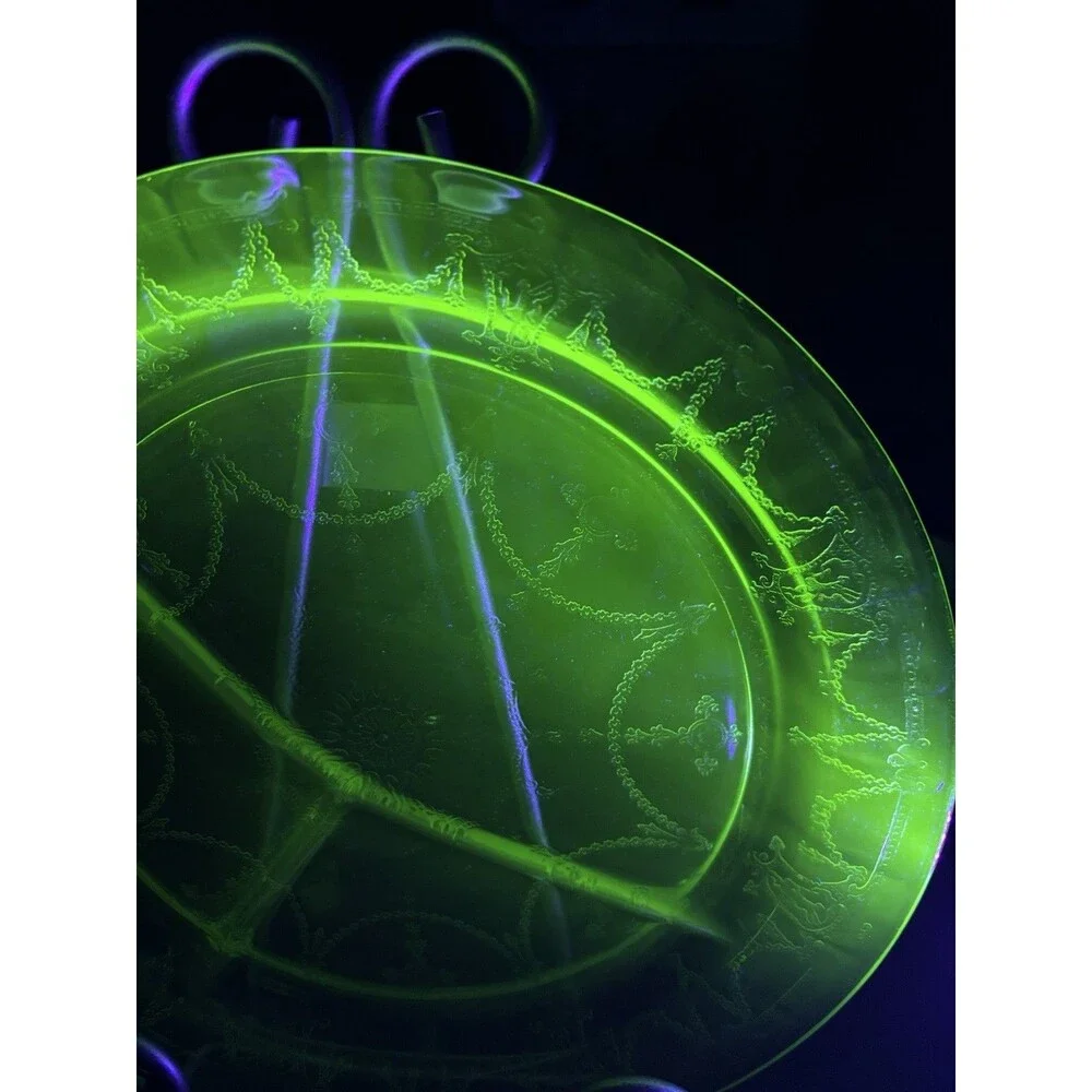 Vintage Uranium Green Depression Glass Cameo Ballerina Divided Plate Glows 10.5